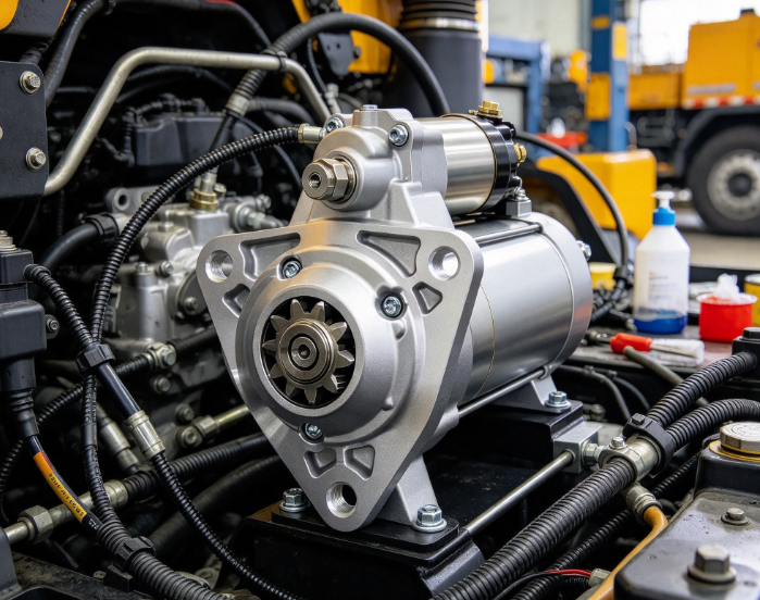 Vehicle starter installed near heavy truck engine compartment with cables harness brackets and industrial workshop background for construction machinery service.
